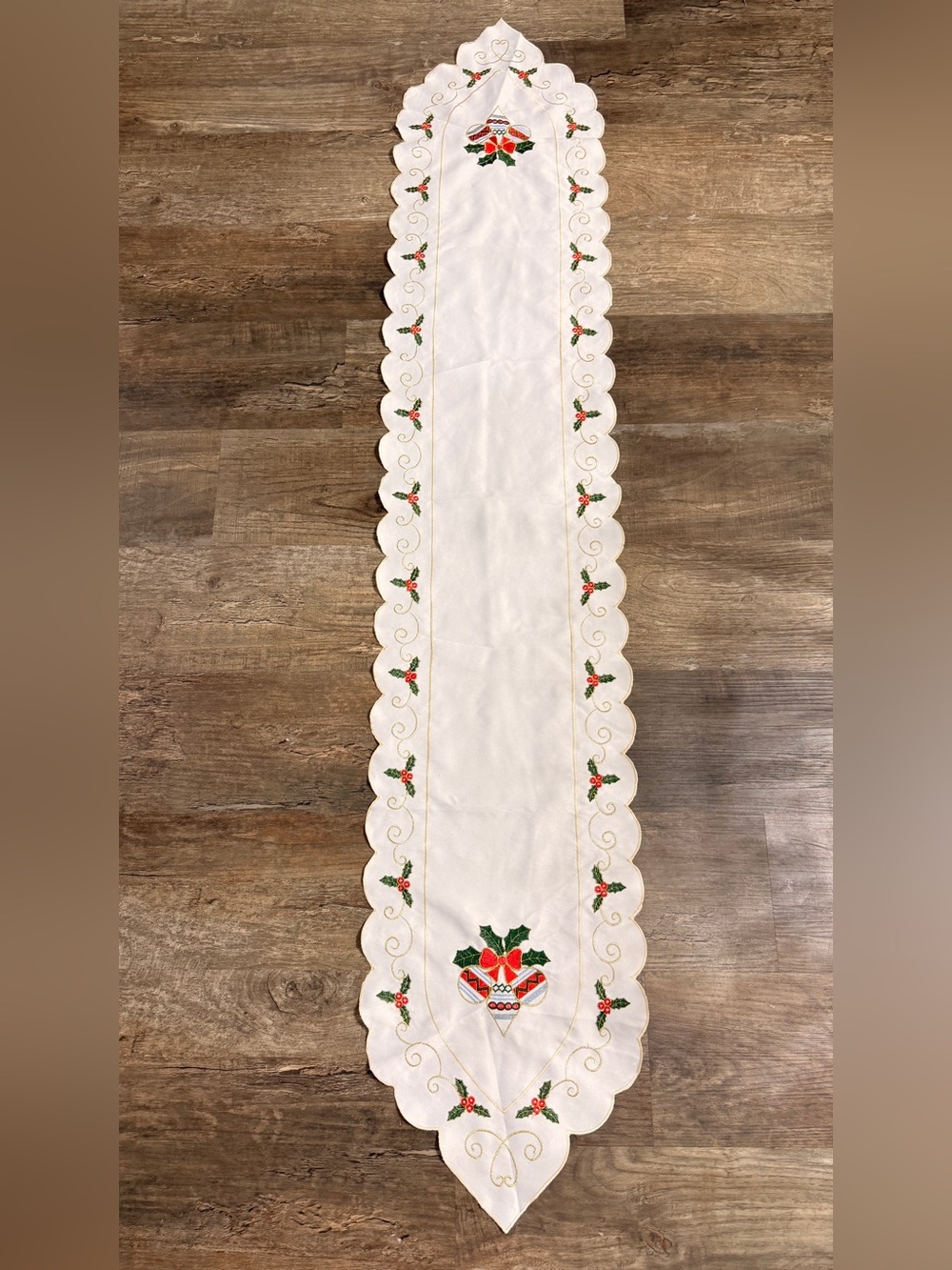 Vintage White Embroidered Holiday Table Runner with Red and Green Accents